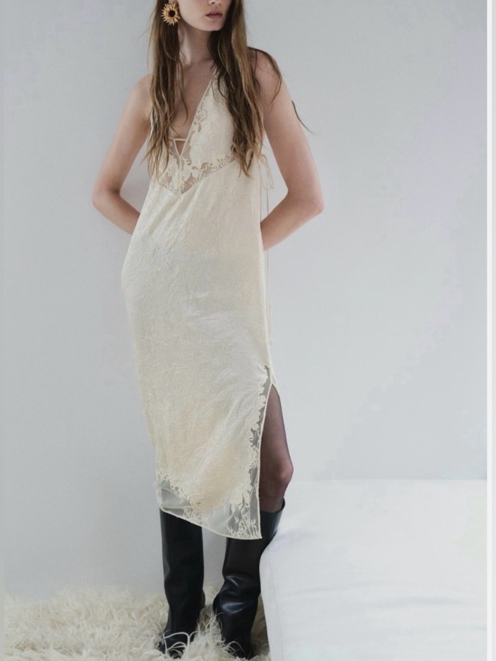 ZARA ZW COLLECTION CRINKLE LACE LINGERIE MIDI SLIP DRESS Vanilla Cream Sz XS NWT